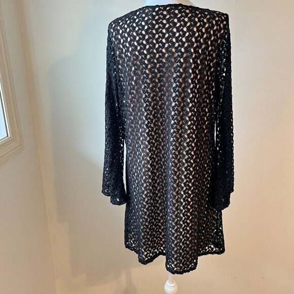 Design Lab Black Boho Retro Crochet Mini Dress with Bell Sleeves (L) - Picture 6 of 13
